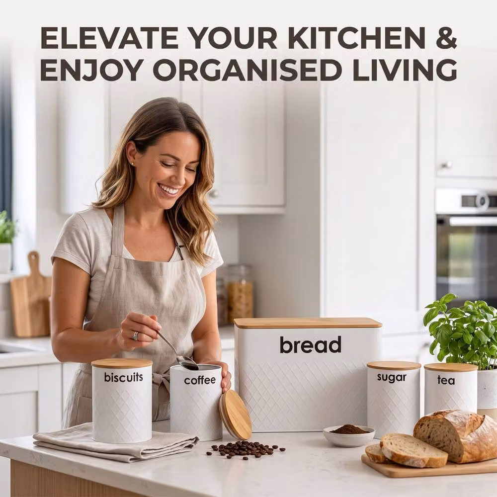 Crystals White 5 Piece Kitchen Storage Set with Bread Bin and Airtight Leakproof Canisters – 2