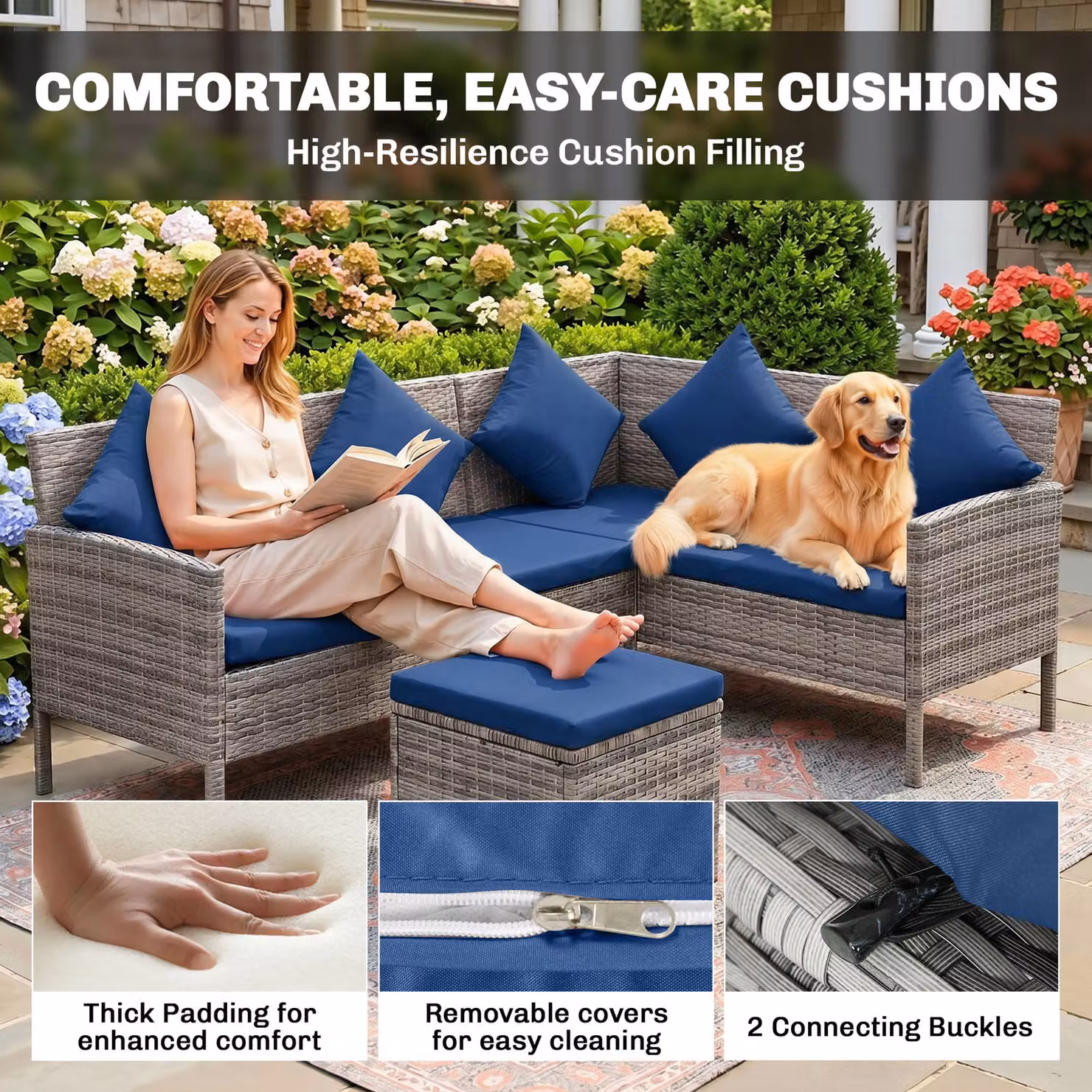 Outsunny 5 Piece Rattan Garden Furniture Set with Dining Table and Dark Blue Cushions – 5