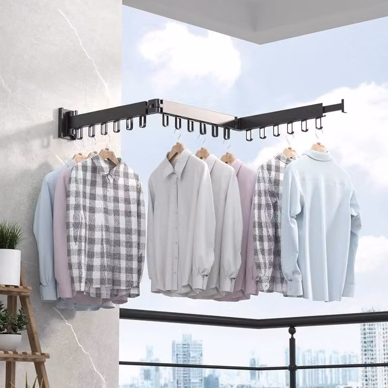 NESTLUNE Wall Mounted Folding Laundry Drying Rack and Retractable Clothes Hanger in Black, W: 100 cm, D: 15 cm, H: 15 cm