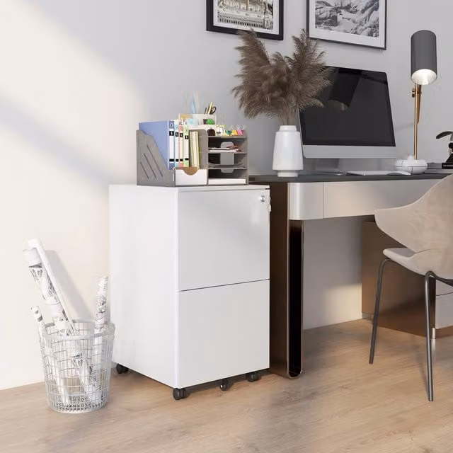 Vinsetto 2 Drawer Mobile Filing Cabinet in White with Lock and Castors