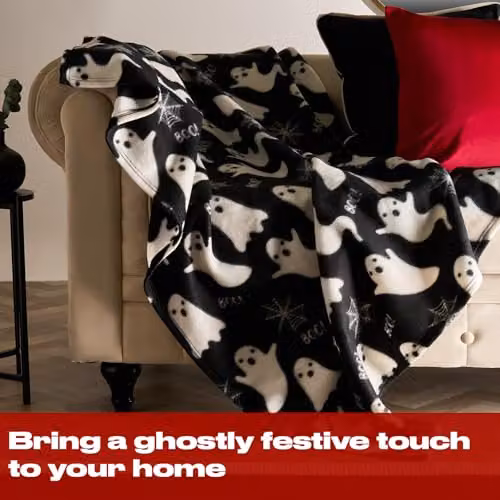 OHS Halloween Ghost Print Fleece Throw Blanket, Black, W/D/H: 120 x 150 cm – 3