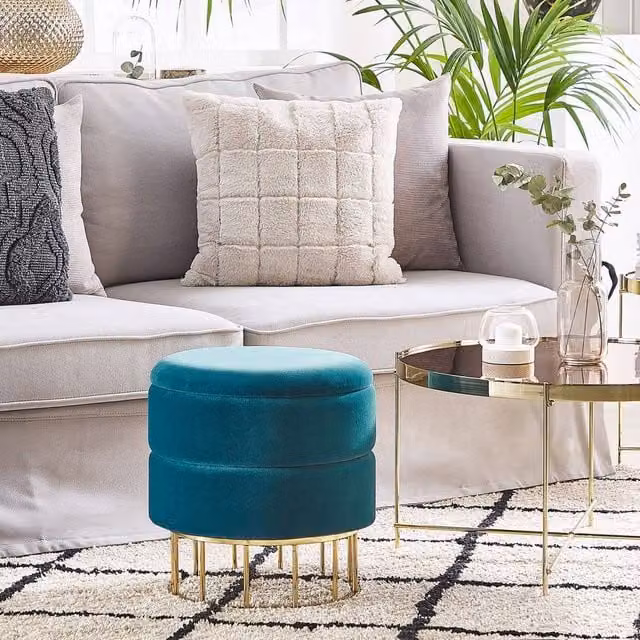 Wyld and Coco Petrol Blue Velvet Cylindrical Storage Pouffe with Gold Metal Base