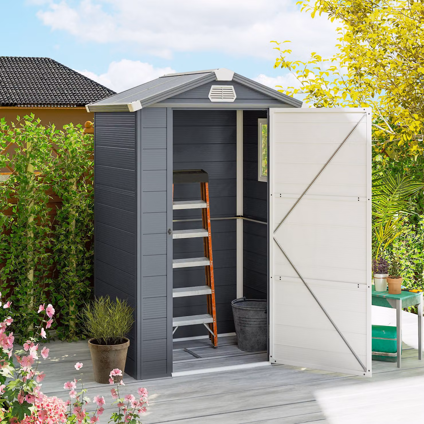 Outsunny Grey Polypropylene Garden Shed with Foundation Kit and Lockable Door, W/D/H: 121.92 x 121.0 x 182.88 cm – 2