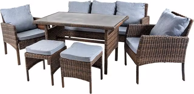 Shatchi 6 Seater Aluminium Garden Furniture Set with Rattan and Glass in White and Brown