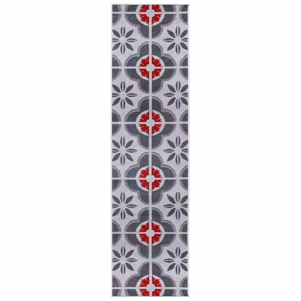 Bravich LTD Red Floral Tile Hallway Runner Rug, Non-Slip Low Pile Polypropylene Carpet, W: 60 cm, L: 810 cm – 3