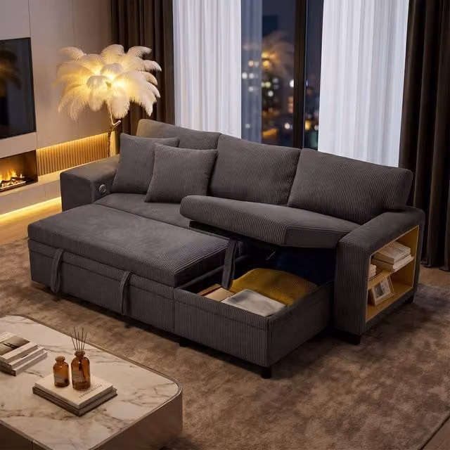 FENCHILIN L-Shaped Pull-out Sofa Bed with Reversible Chaise and 2 Matching Ottomans in Grey