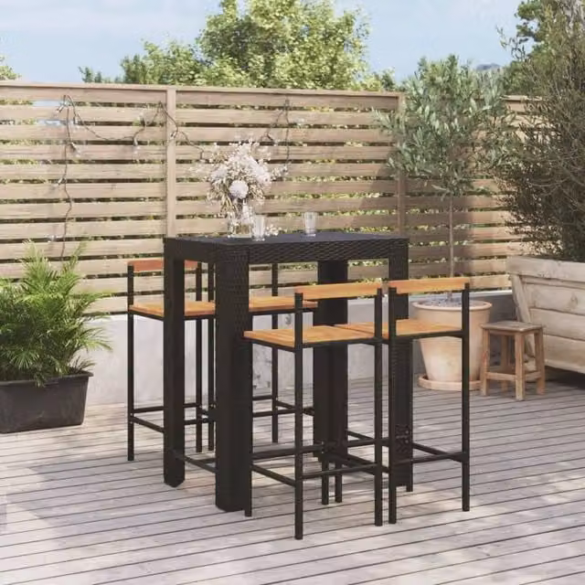 Berkfield Home 5 Piece Garden Bar Set in Black Poly Rattan and Solid Wood Acacia – 1