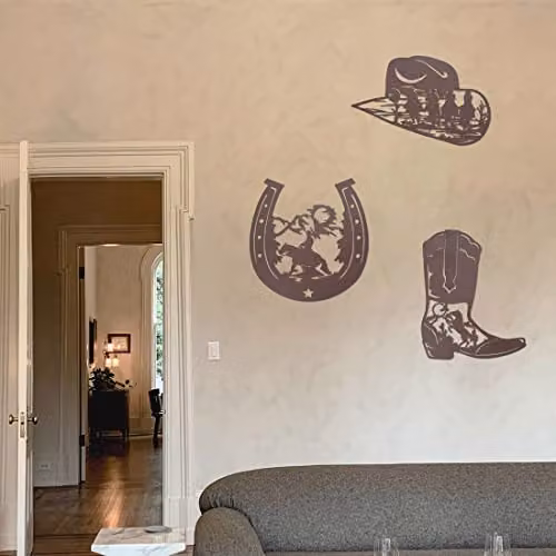 VinSees Set of 3 Rustic Brown Metal Western Wall Art Decor featuring Cowboy Boots, Cowboy Hats and Horses – 5