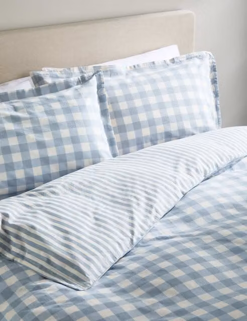 M&S Reversible Blue Mix Gingham Pure Cotton Bedding Set, 180 x 200 cm