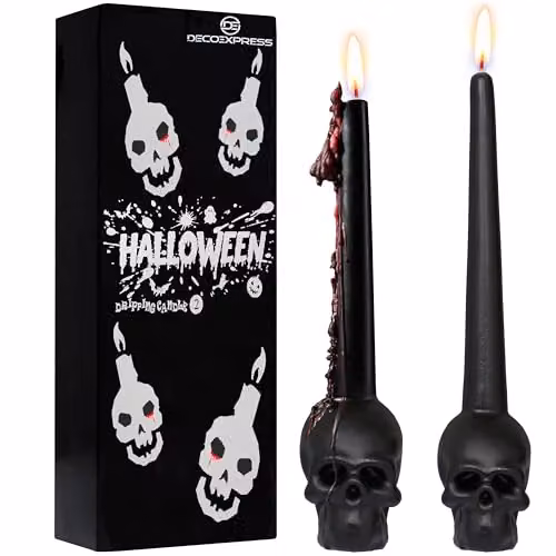 Deco Express Pack of 2 Black Skull-Shaped Tapered Unscented Gothic Candles