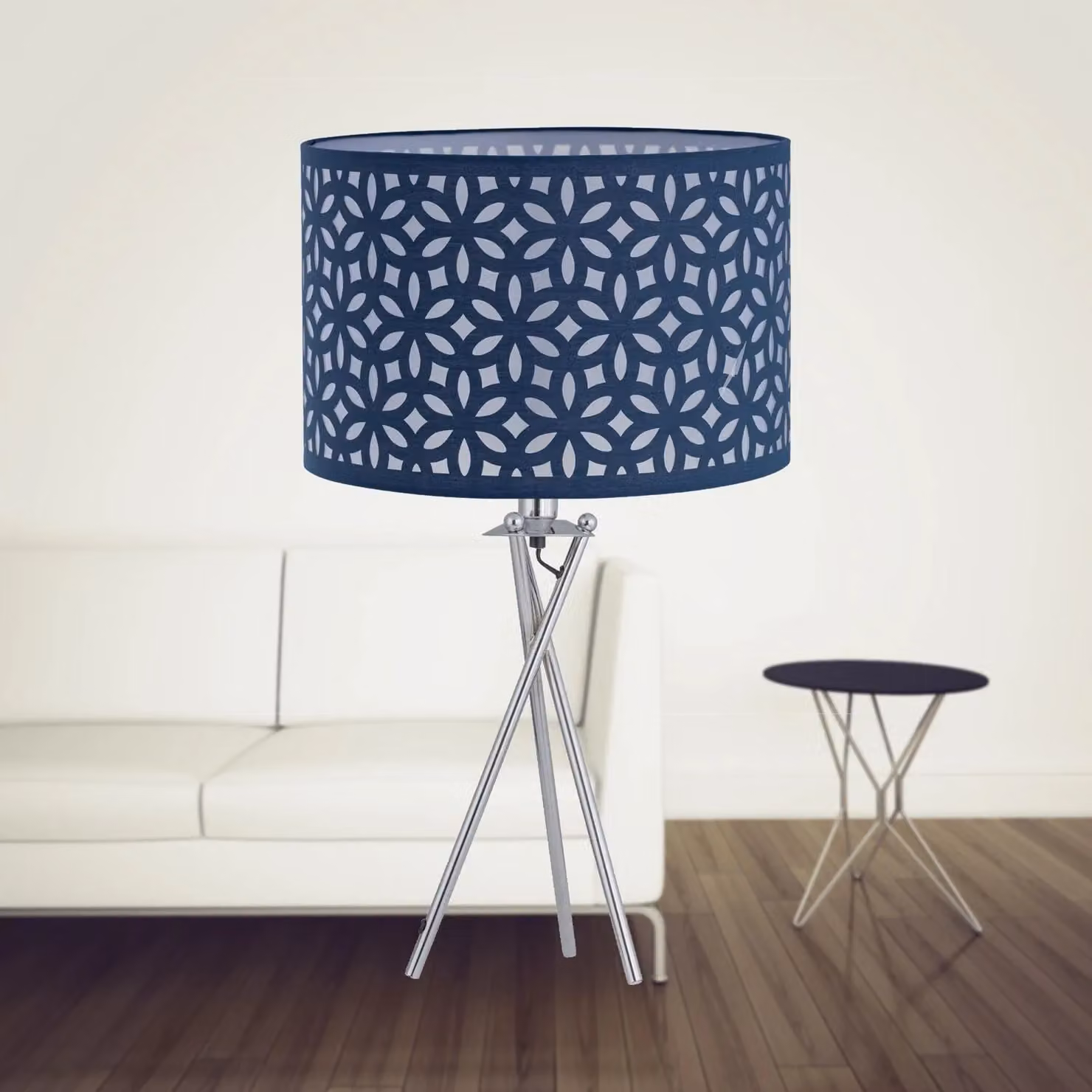 First Choice Lighting Chrome Tripod Table Lamp with Navy Blue Laser Cut Fabric Shade – 2