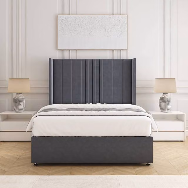 BSSPOKE Charlotte Double Divan Bed Set with 54 inch Plush Velvet Headboard and Mattress in Charcoal Grey