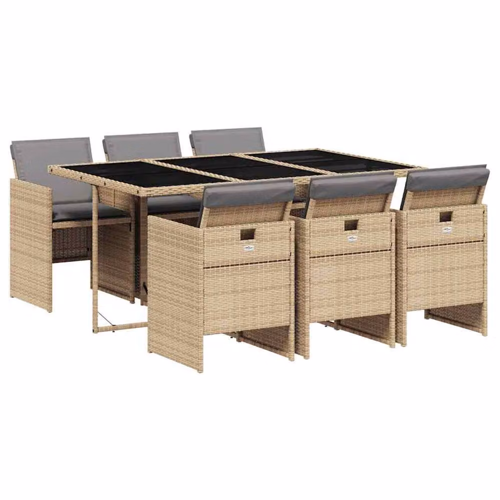 Berkfield Home 7 Piece Poly Rattan Garden Dining Set with Cushions and Glass Top in Beige – 2