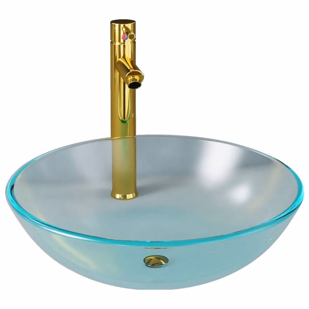 Berkfield Home Round Frosted Tempered Glass Countertop Bathroom Sink with Tap and Push Drain in Gold, W: 42 cm, D: 35 cm, H: 13 cm – 2