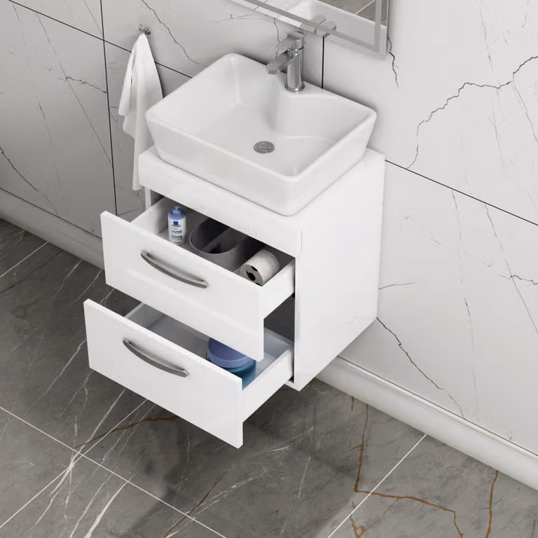 Royal Bathrooms 500mm Wall Hung 2 Drawer Gloss White Vanity Unit with Cube Countertop Basin