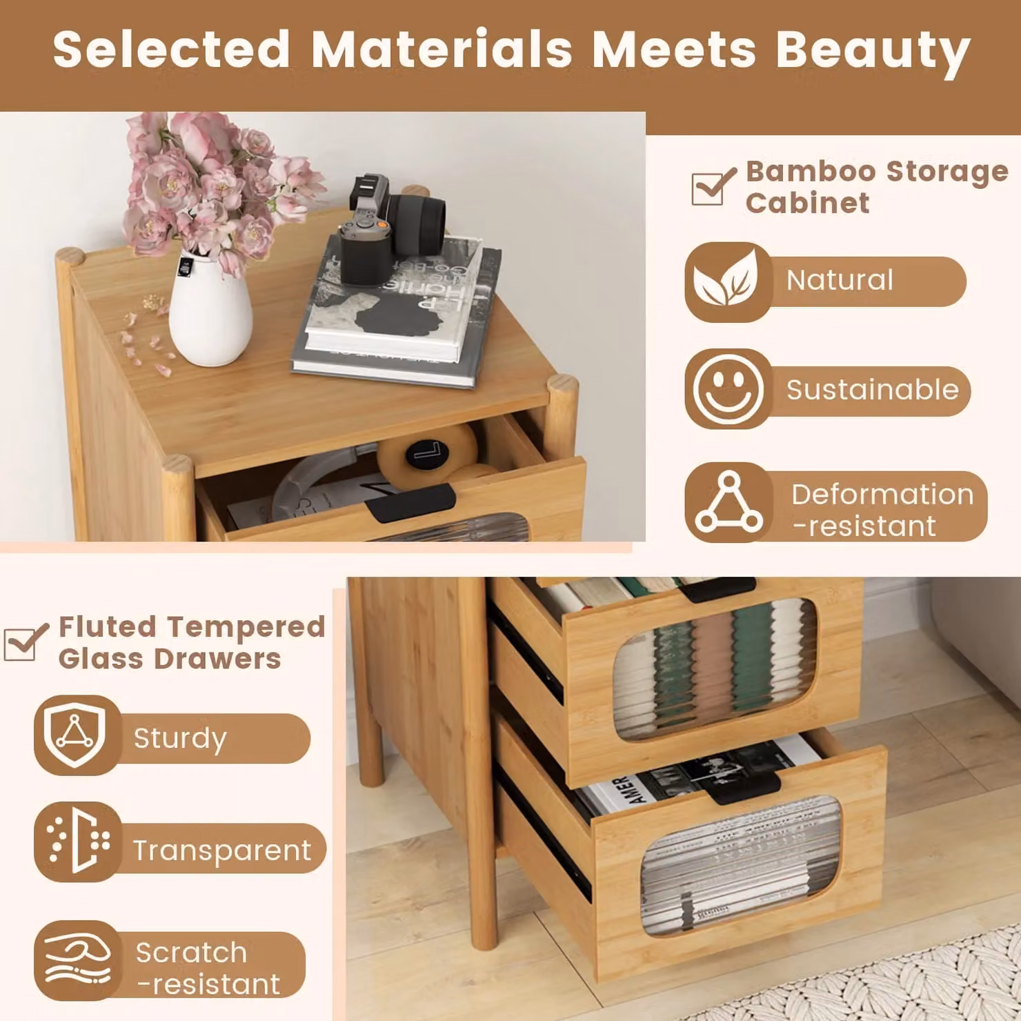 Costway 4-Drawer Bamboo Storage Cabinet with Tempered Glass Drawers in Natural Sand Finish – 2