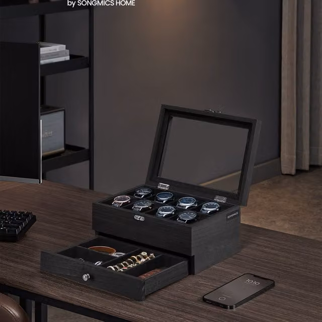SONGMICS 2-Tier Wood Watch Box with Glass Lid, Black