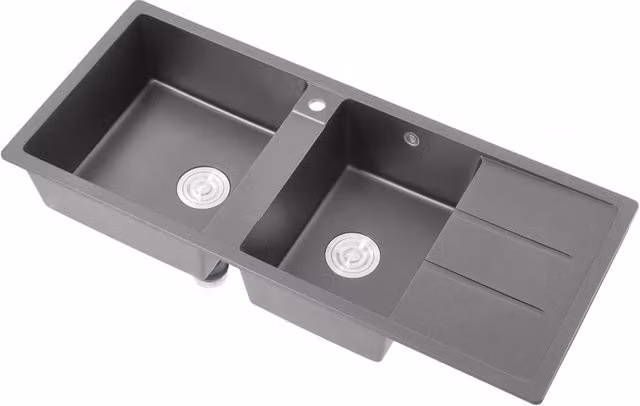 Living and Home Double Bowl Granite Composite Kitchen Sink with Waste Kit in Grey