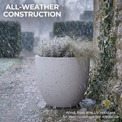 IDEALIST Set of 3 Speckled Grey Stone and Ceramic Round Outdoor Plant Pots, Diameter: 30 cm, Volume: 19 l – 4