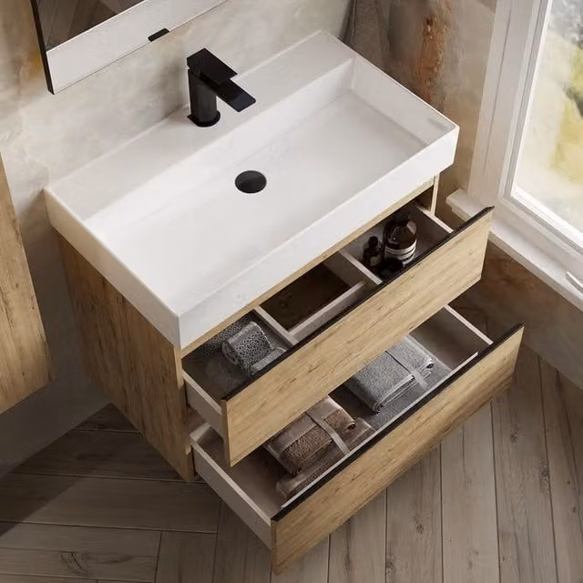 Banyetti Vatilla 800mm Wall Hung Vanity Unit with Veneto 1 Tap Hole Basin in Ostippo Light Oak – 1