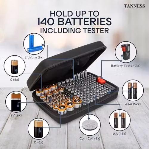 Tanness 140 Capacity Battery Storage Case with Tester in Black – 3