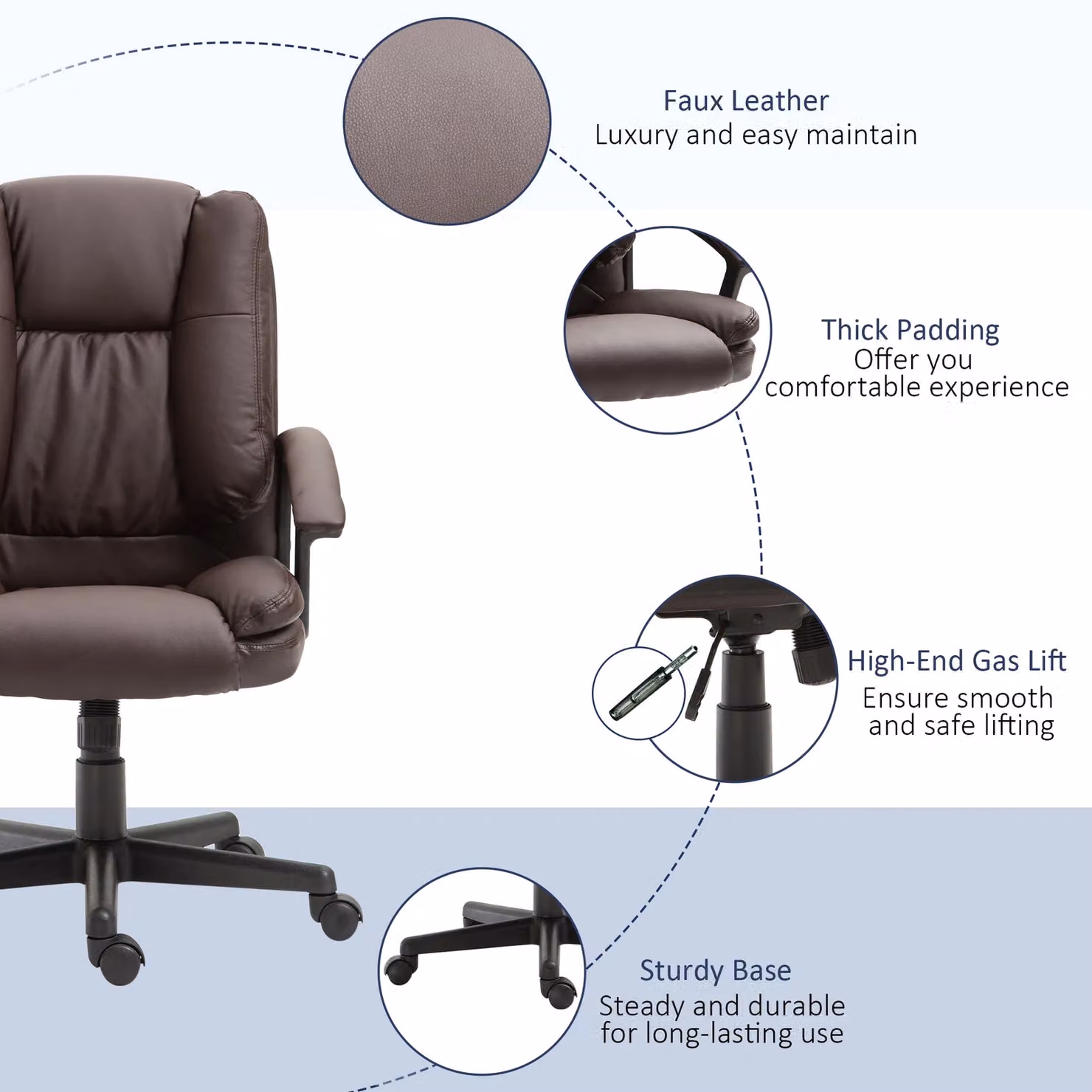 HOMCOM Brown PU Leather Mid Back Swivel Executive Office Chair with Armrests – 4