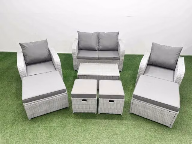 Fimous 8 Piece Modern Garden Furniture Set in Light Grey with Rectangular Coffee Table, 2 Seater Sofa, Lounge Armchairs and Ottoman