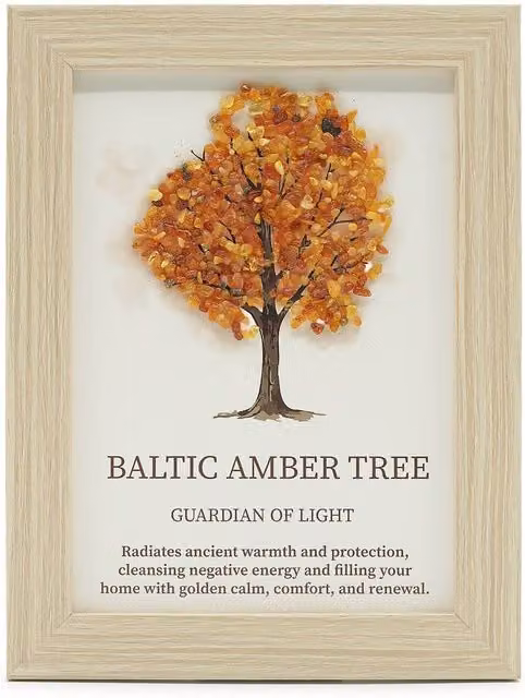 Serenityy Tree of Life Gemstone Picture with Baltic Amber in Gold, W: 21 cm, H: 30 cm, D: 1 cm