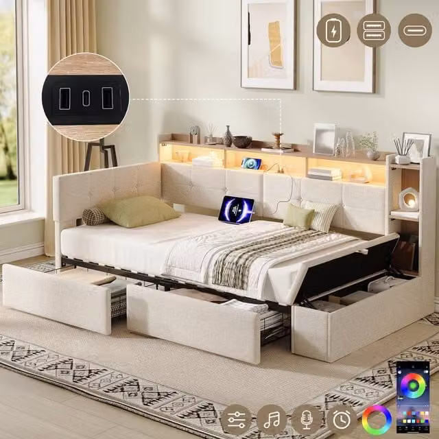 ModernLuxe Single Daybed in Beige with LED Lighting, USB Charging Port and Ottoman Storage Bench, W/D/H: 90 x 190 cm