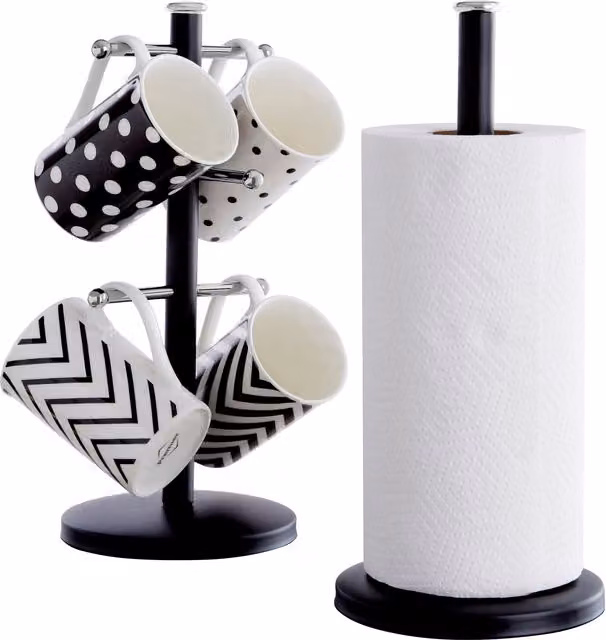 Premier Housewares Freestanding Metal Mug Tree in Black and Silver with Anti-Slip Base