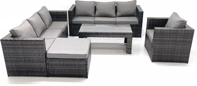 Fimous 8 Seater Rattan Garden Furniture Set in Dark Grey with Glass Top Coffee Table, L-Shape Sofa, Armchairs and Ottoman – 1