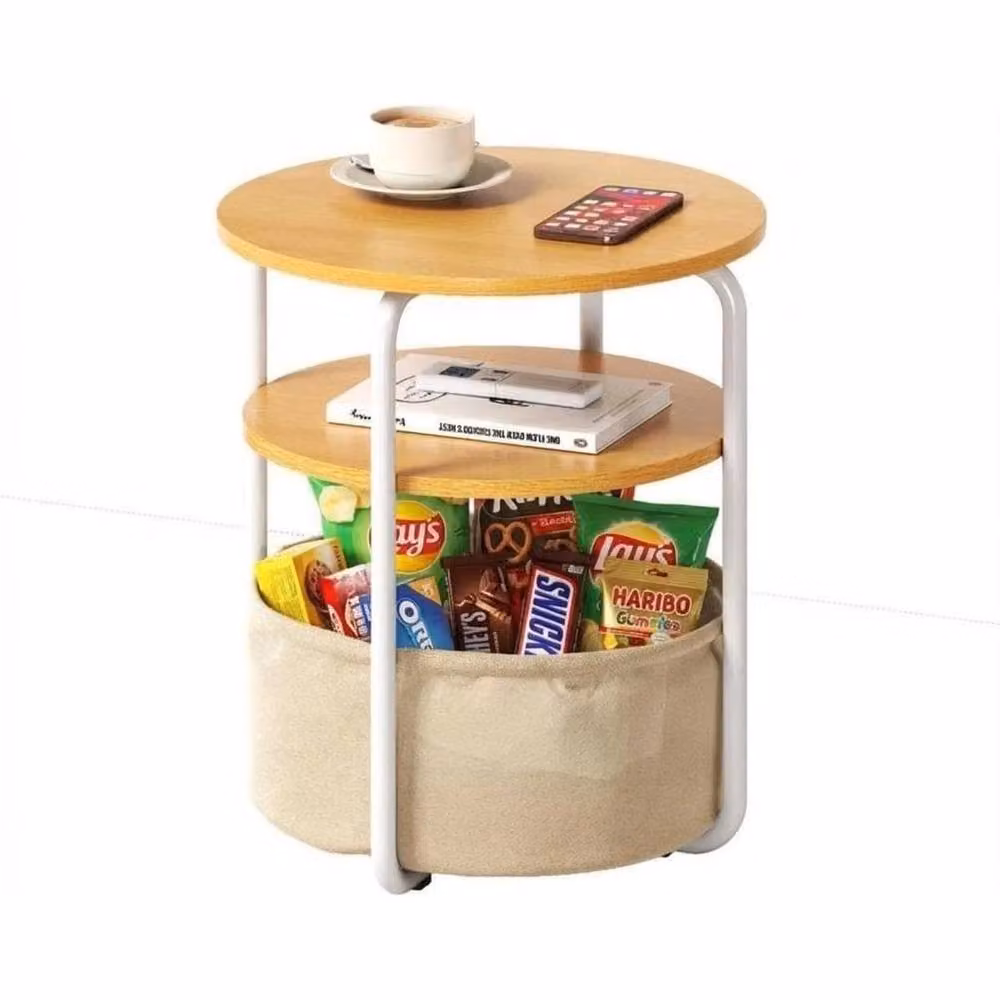 VOGREX 3-Tier Round Side Table with Removable Beige Fabric Basket in Natural Wood – 3