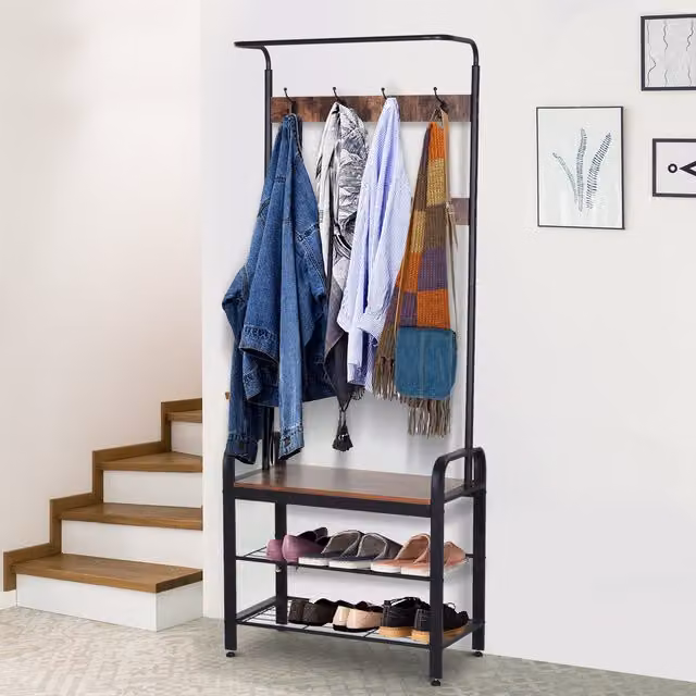 HOMCOM Industrial Hall Tree with Shoe Bench and 8 Hooks in Black and Brown