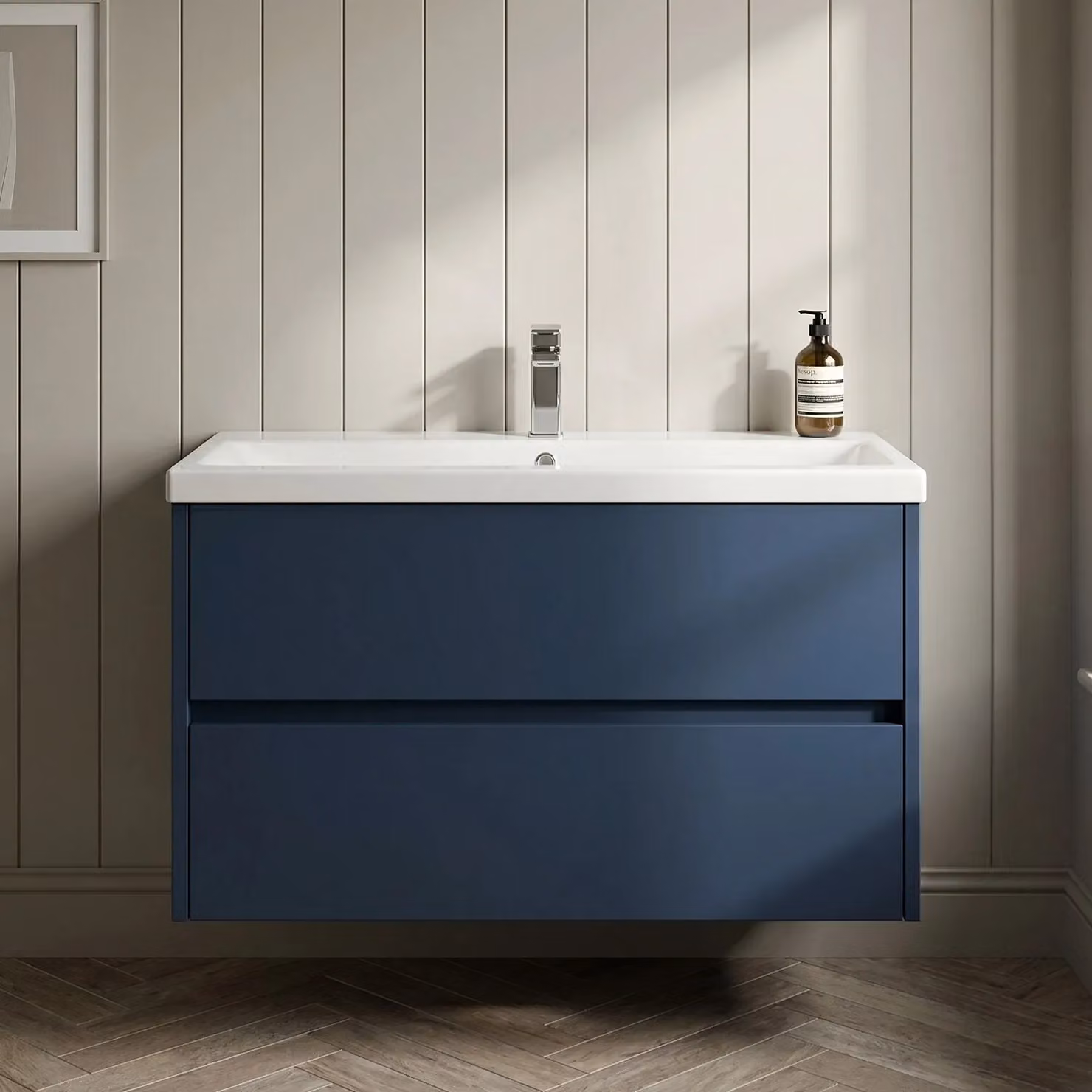 Balterley Wall Mounted 2 Drawer Midnight Blue Vanity Unit with Ceramic Basin, Width: 80 cm – 4