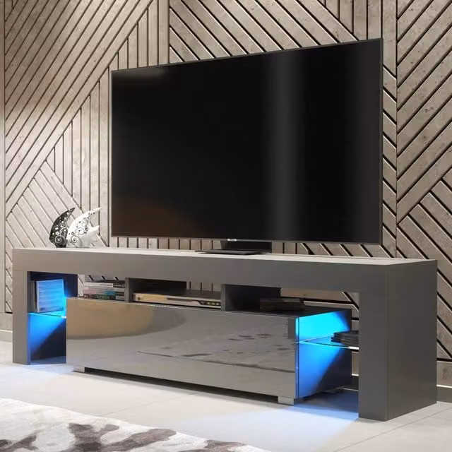 Mex Furniture LTD Aria TV Unit in Dark Grey with Glossy Doors and LED Lights, W: 160 cm, H: 45 cm, D: 35 cm
