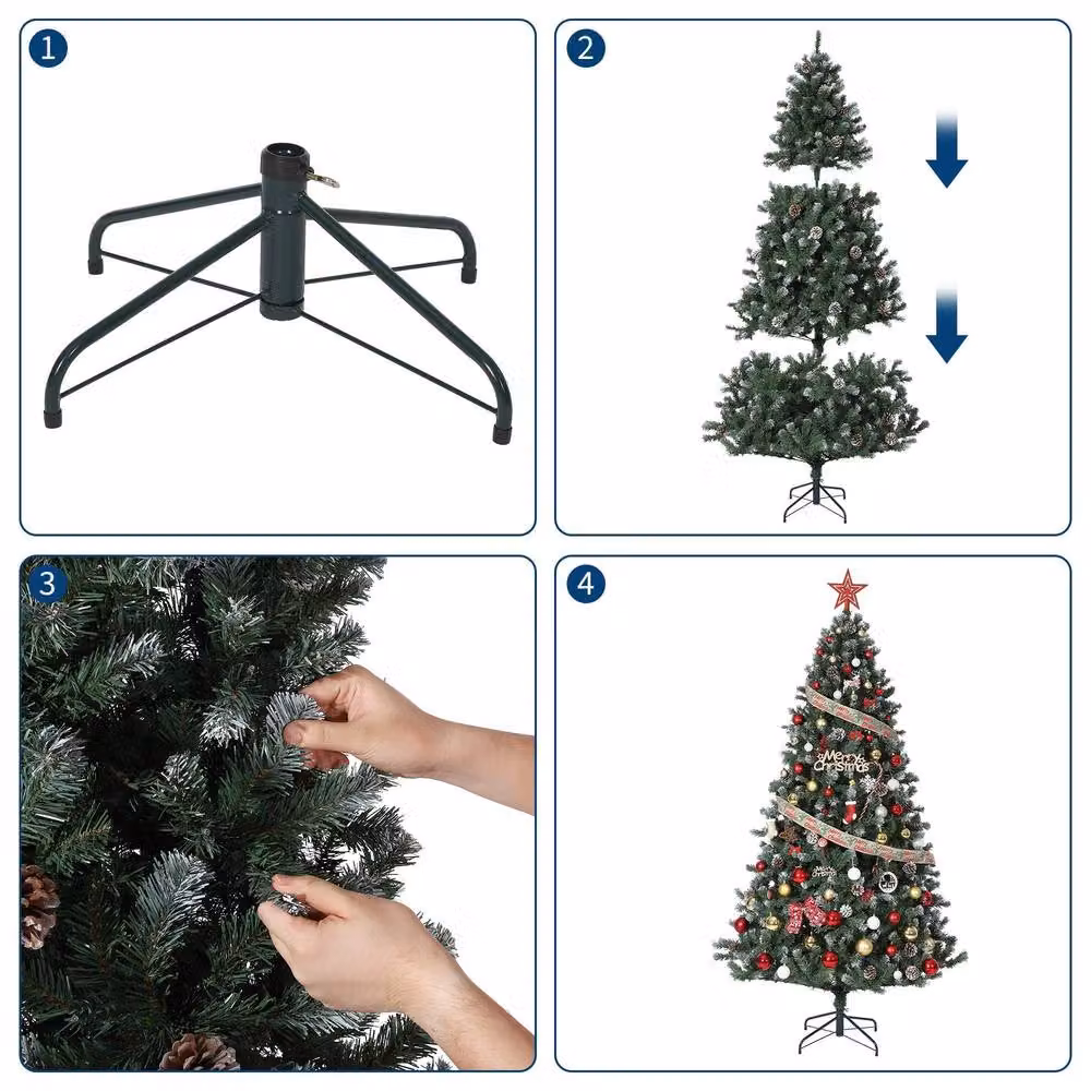 London Boutique 7.5ft Snow-Flocked Artificial Christmas Tree with Pine Cones in Green – 3