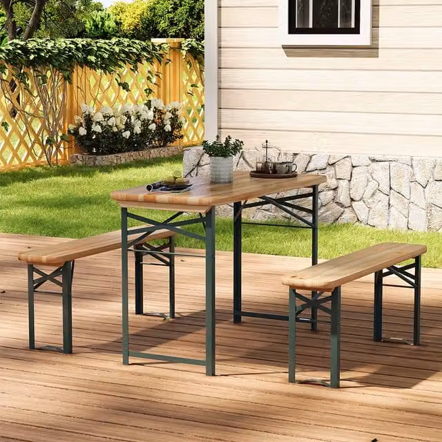 Livingandhome Retro Outdoor Wooden Foldable Table and Bench Set in Brown and Green, W: 117 cm