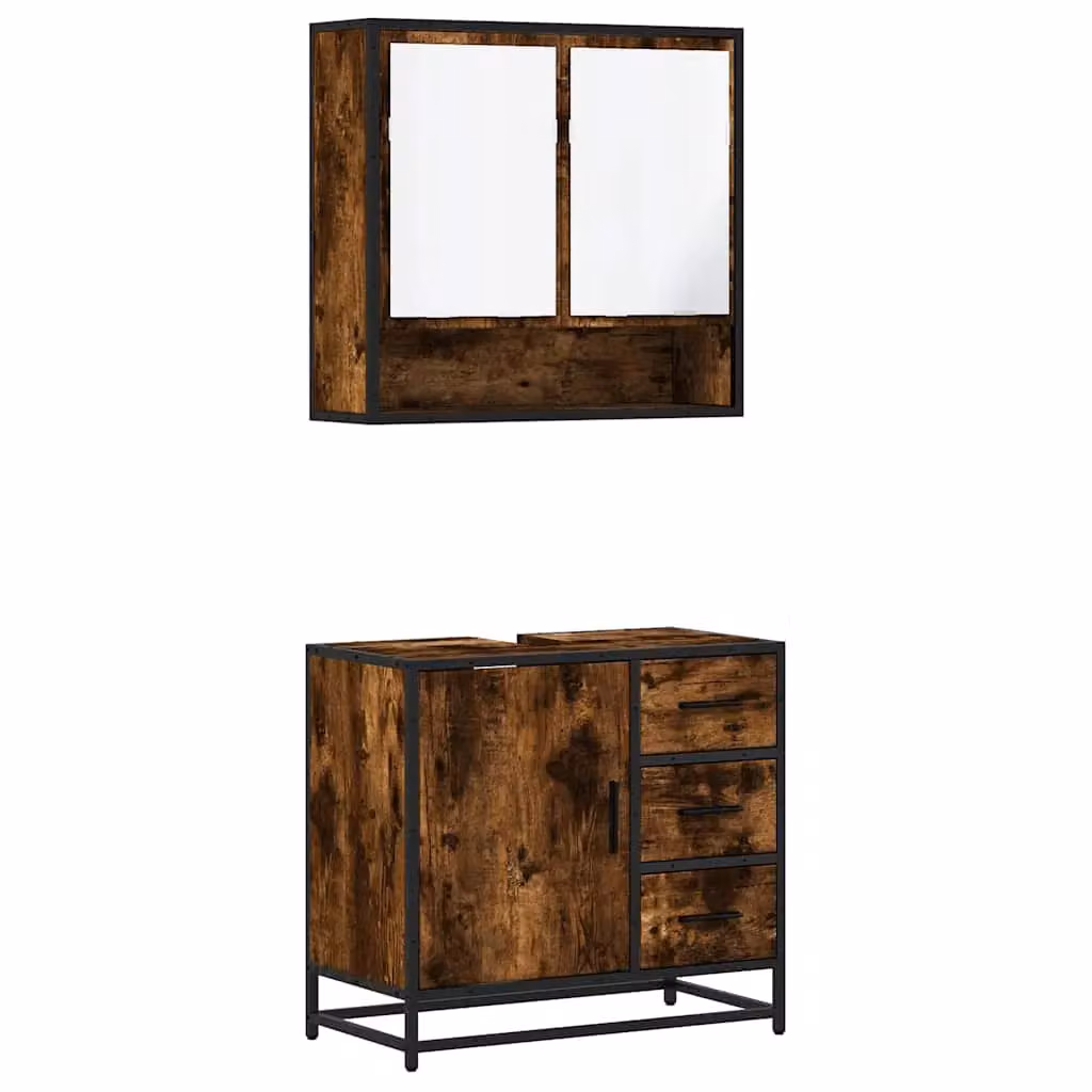 Berkfield Home 2 Piece Industrial Bathroom Furniture Set in Smoked Oak Brown featuring Vanity Unit and Mirror Cabinet – 2