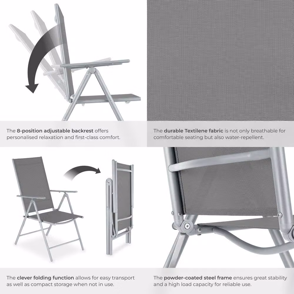 tectake XL Folding Garden Chairs with Adjustable Backrests and Armrests in Silver Mesh Fabric – 4
