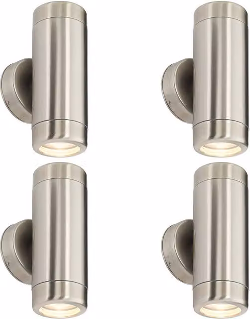 Loops 4 Pack Up & Down Twin Outdoor Wall Lights in Silver Stainless Steel with Transparent Glass