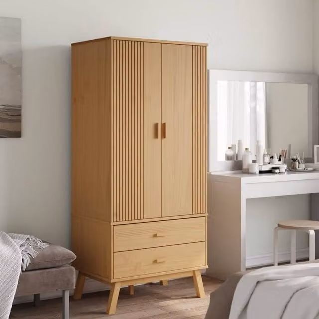 Berkfield Home OLDEN Wardrobe in Brown Solid Pine with Integrated Drawers, W/D/H: 76.5 x 53 x 172 cm