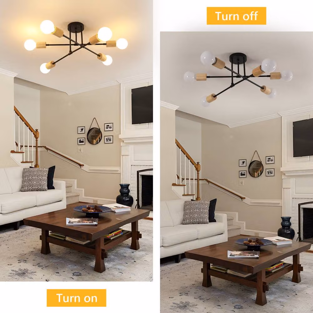 Pheashine Modern 6-Light Sputnik Ceiling Light in Black Metal and Natural Wood with E27 Sockets – 3