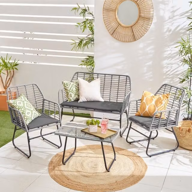 Neo Bamboo Style 4 Piece Garden Sofa, Table and Chairs Set in Dark Grey