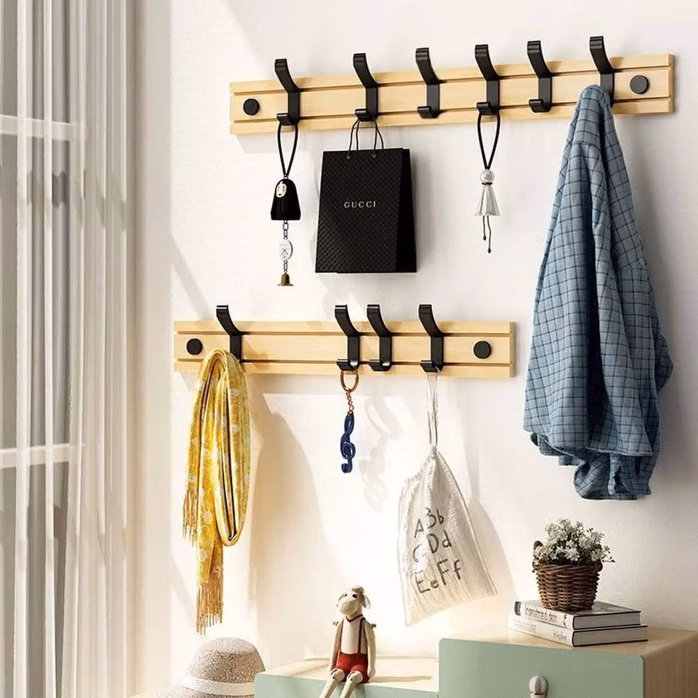 PAWNORA Bamboo Wall Mounted Hanger with 6 Rotating Hooks in Brown and Beige – 3