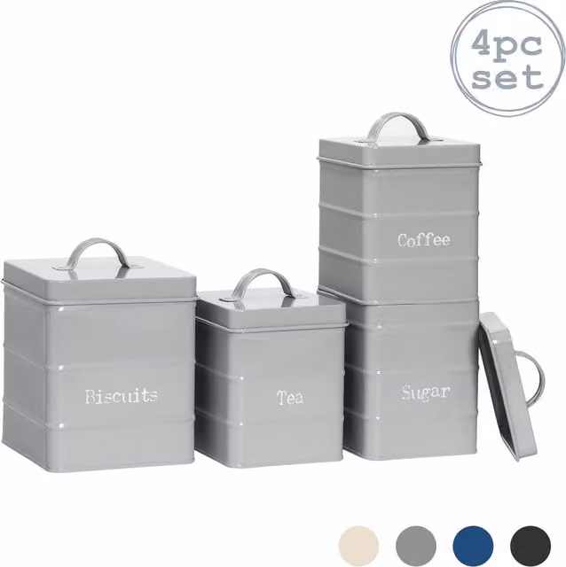 Harbour Housewares 4 Piece Vintage Metal Kitchen Canister Set in Grey