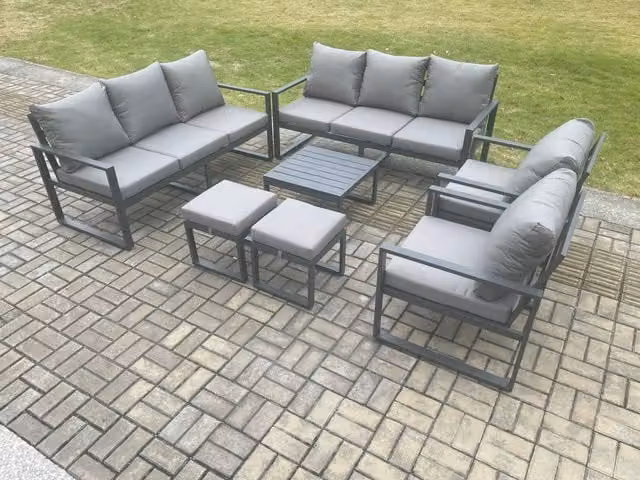 Fimous Modern Aluminium Garden Lounge Sofa Set in Dark Grey with Square Coffee Table, 2 Armchairs and 2 Ottomans