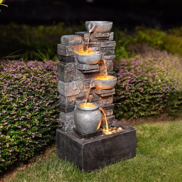 Teamson Home LED Cascading Stone Tabletop Water Fountain in Grey and Silver