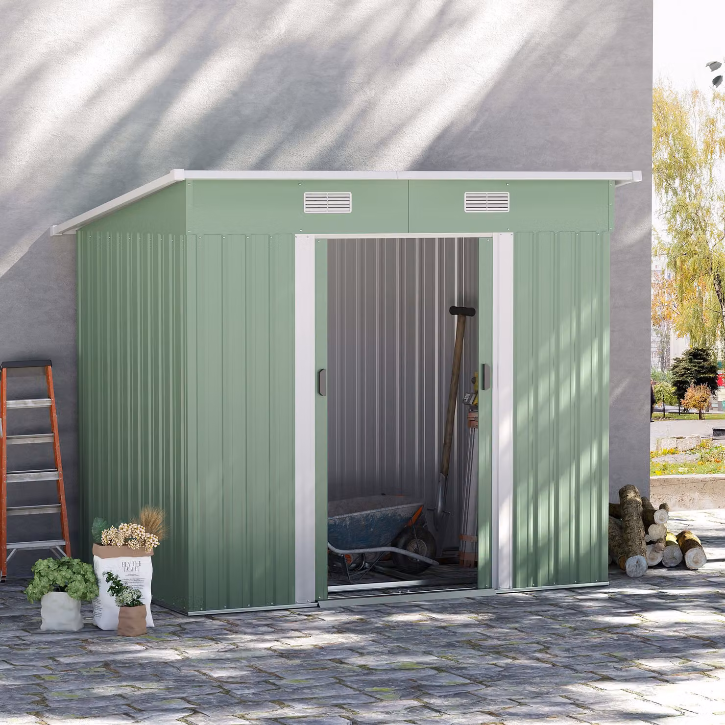 Outsunny Metal Outdoor Garden Storage Shed in Light Green – 4