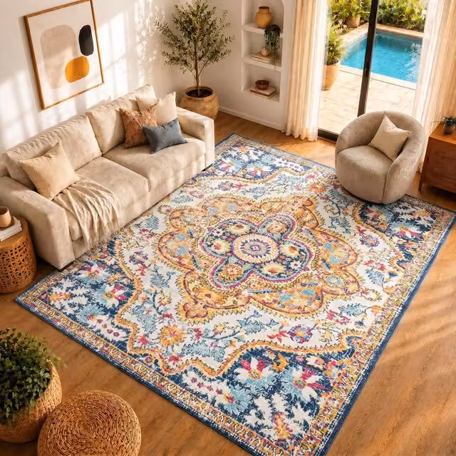 Livabliss Floransa Vintage Boho Living Room Rug in Navy Multicolour, W: 80 cm, L: 220 cm