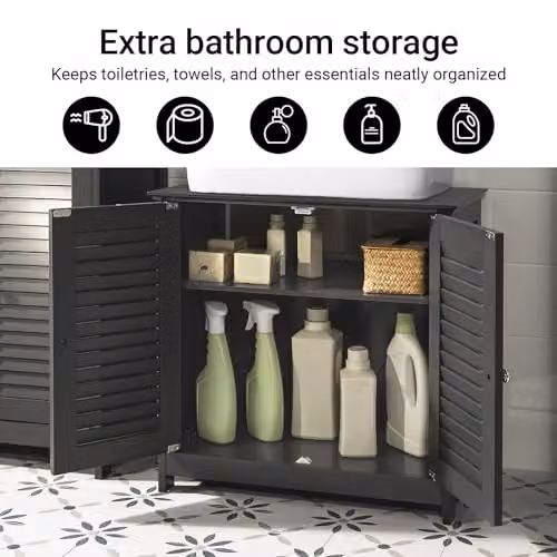 SoBuy Modern Under Sink Bathroom Cabinet with Roll Shutter and Internal Shelves, White or Grey, W/D/H: 60 x 35 x 58 cm – 4